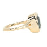 4.09ct Elongated Cushion Cut Teal Sapphire Low Profile Split Shank Bezel Ring in 14k Yellow Gold- Appraised Stone