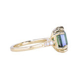 7.08ct Emerald Cut Teal Sapphire and Diamond Vintage Cathedral Double Prong Ring in 18k Yellow Gold