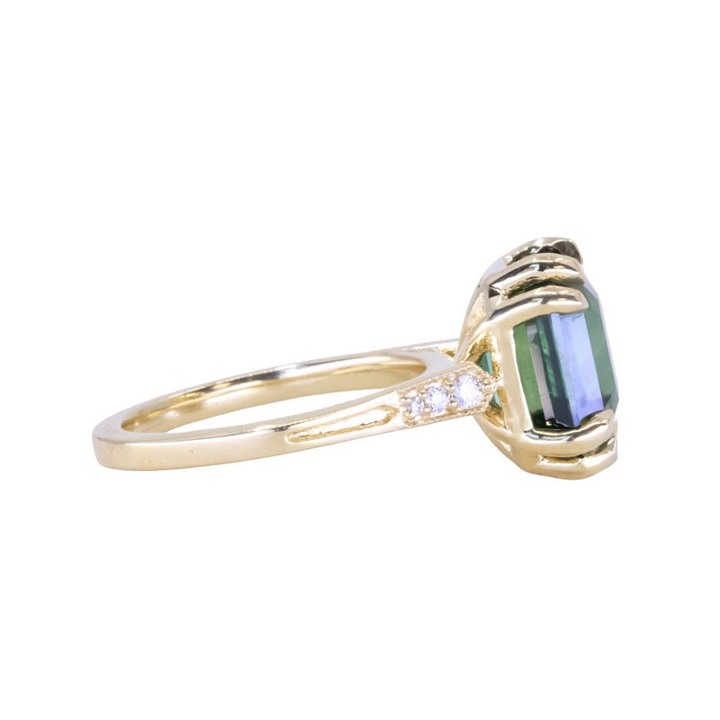 7.08ct Emerald Cut Teal Sapphire and Diamond Vintage Cathedral Double Prong Ring in 18k Yellow Gold