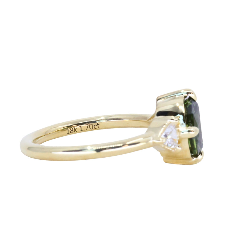 1.70ct Green Kenyan Fantasy Cut Sapphire and Diamond Antique Milgrain Three Stone Low Profile Ring in 18k Yellow Gold