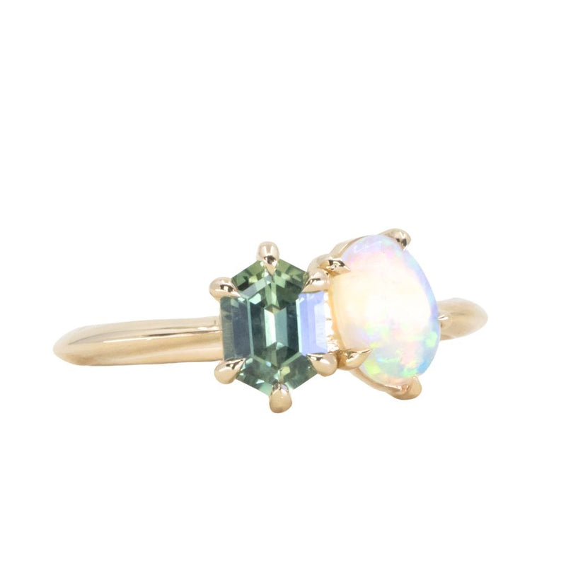 Toi Et Moi 0.74ct Hexagon Sapphire and Opal Ring in 14k Yellow gold