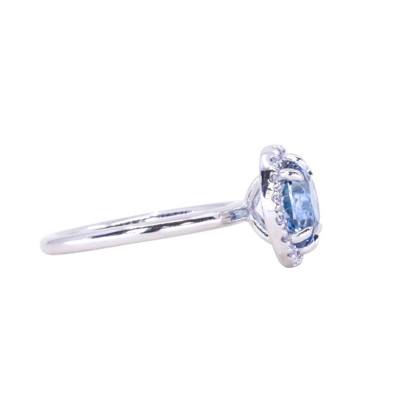 1.93ct Oval Blue Parti Sapphire Six Prong Halo Stackable Ring in 14k White Gold