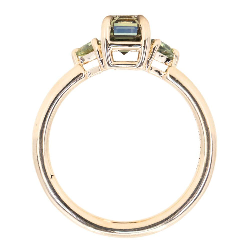 1.56ct Emerald Cut Tanzanian Sapphire and Parti Sapphire Shield Three Stone Ring in 14k Yellow Gold