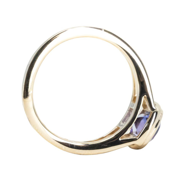 1.50ct Bicolor Purple Cushion Cut Sapphire Split Shank Bezel Ring with Milgrain in 14k Yellow Gold