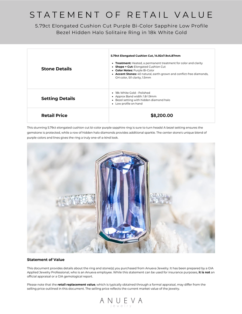 5.79ct Elongated Cushion Cut Purple Bi-Color Sapphire Low Profile Bezel Hidden Halo Solitaire Ring in 18k White Gold