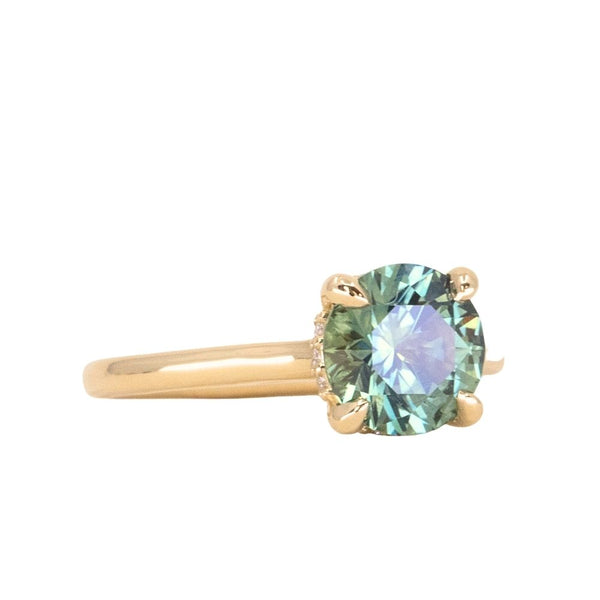 2.09ct Precision Cut Teal Montana Sapphire Four Prong Hidden Halo Solitaire in 18k Yellow Gold