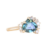 2.57ct Untreated Blue Wide Trillion Montana Sapphire and Antique Diamond Mountainscape Ring in 14k Yellow Gold