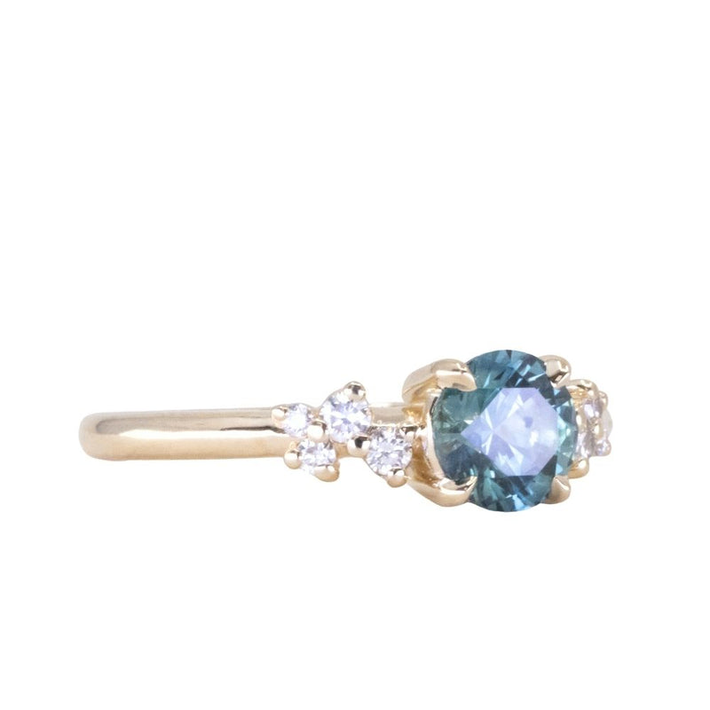 1.00ct Round Teal Blue Montana Sapphire and Diamond Starry Night Low Profile Solitaire in 14k Yellow Gold