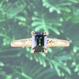 1.53ct Untreated Emerald Cut Parti Sapphire Low Profile Four Prong Spring Bloom Solitaire in 14k Yellow Gold