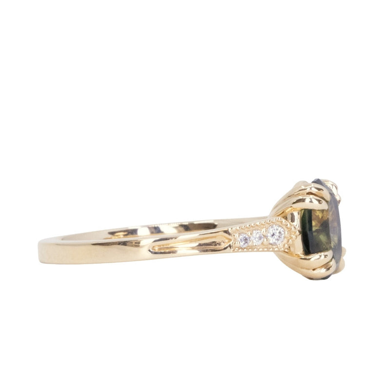 1.85ct Untreated Oval Parti Nigerian Sapphire and Diamond Vintage Cathedral Four Prong Ring in 14k Yellow Gold