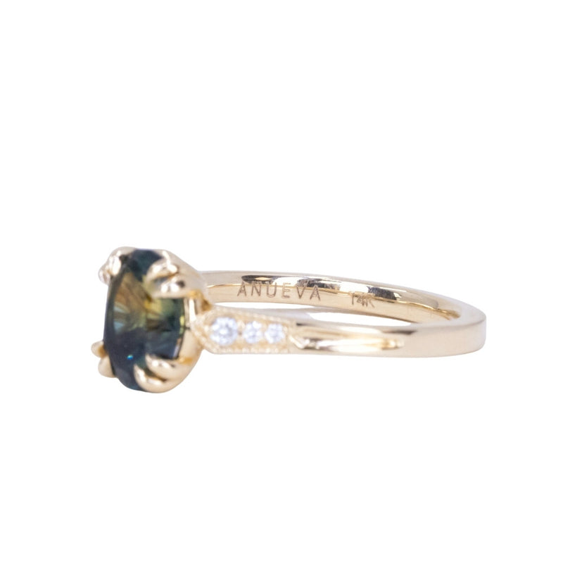 1.85ct Untreated Oval Parti Nigerian Sapphire and Diamond Vintage Cathedral Four Prong Ring in 14k Yellow Gold