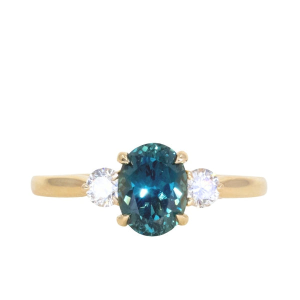 1.87ct Oval Untreated Songean Ocean Blue Sapphire and Lab Grown Diamond Dainty Three Stone Ring in 18k Yellow Gold