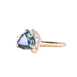 2.57ct Untreated Blue Wide Trillion Montana Sapphire and Antique Diamond Mountainscape Ring in 14k Yellow Gold