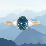 1.87ct Oval Untreated Songean Ocean Blue Sapphire and Lab Grown Diamond Dainty Three Stone Ring in 18k Yellow Gold