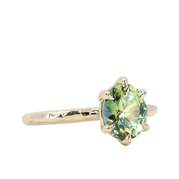 2.10ct Untreated Green Parti Nigerian Oval Sapphire Six Prong Evergreen Solitaire in 14k Yellow Gold