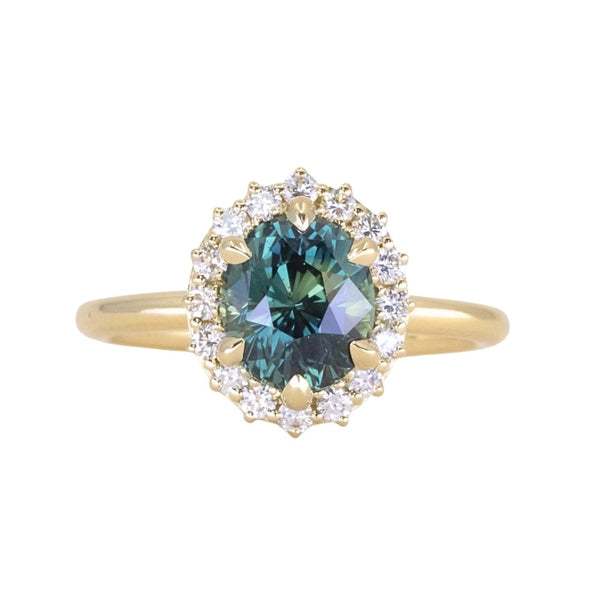 2.38ct Untreated Oval Parti Sapphire Antique-Style Diamond Halo Ring in 18k Yellow Gold