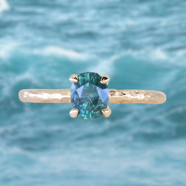 0.90ct Fancy Precision Teal Montana Sapphire Evergreen Carved 4 Prong Solitaire in 14k Yellow Gold