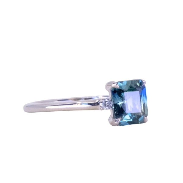 1.25ct Radiant Cut Blue Parti Sapphire and Diamond Low Profile Ring in 14k White Gold