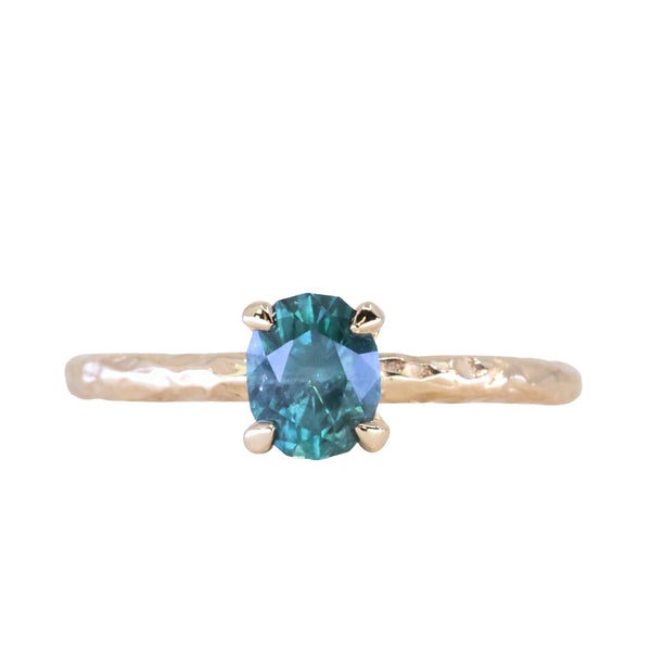 0.90ct Fancy Precision Teal Montana Sapphire Evergreen Carved 4 Prong Solitaire in 14k Yellow Gold