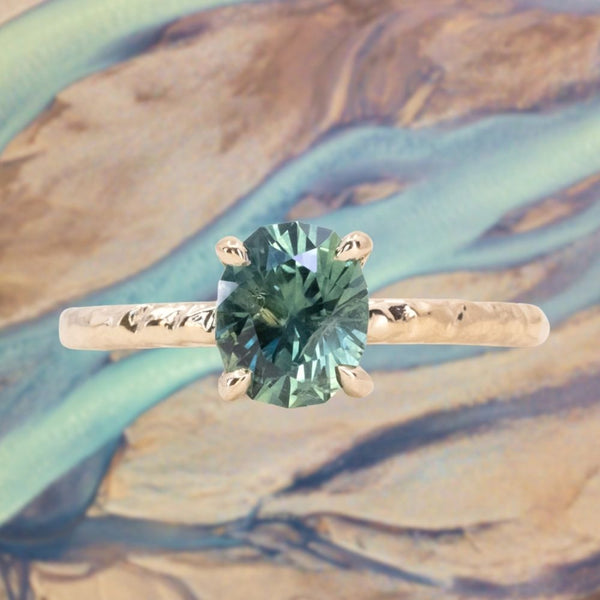 1.51ct Teal Oval Montana Sapphire Evergreen Carved 4 Prong Solitaire in 14k Yellow Gold