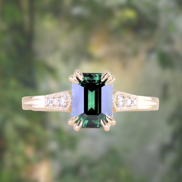 2.11ct Emerald Cut Teal Green Madagascar Sapphire and Diamond Vintage Cathedral Double Prong Ring in 14k Yellow Gold