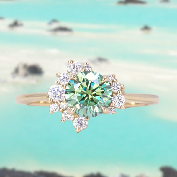 Teal Moissanite and Diamond Asymmetrical Cluster Ring in 14k Yellow Gold