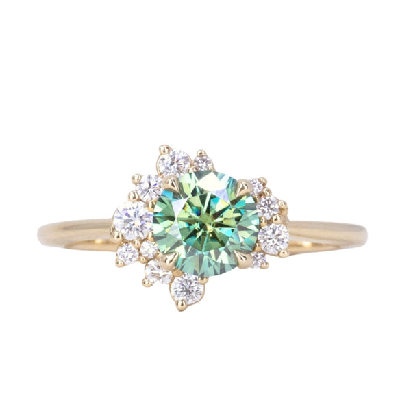 Teal Moissanite and Diamond Asymmetrical Cluster Ring in 14k Yellow Gold