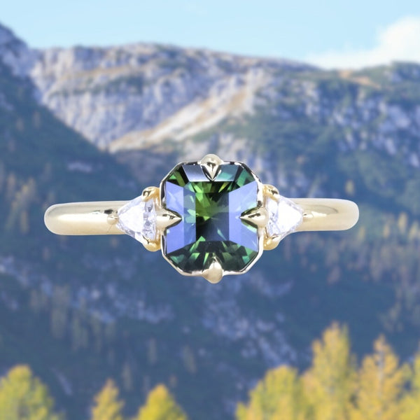 1.30ct Radiant Cut Australian Green Sapphire and Trillion Diamond Low Profile Ring in 18k Yellow Gold