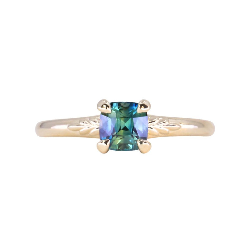 1.08ct Cushion Cut Parti Sapphire Low Profile Four Prong Spring Bloom Solitaire in 14k Yellow Gold