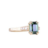 2.11ct Emerald Cut Teal Green Madagascar Sapphire and Diamond Vintage Cathedral Double Prong Ring in 14k Yellow Gold
