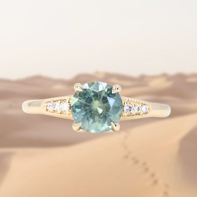 1.56ct Light Blue Green Montana Sapphire Four Prong Low Profile Milgrain and Diamond Ring in 14k Yellow Gold