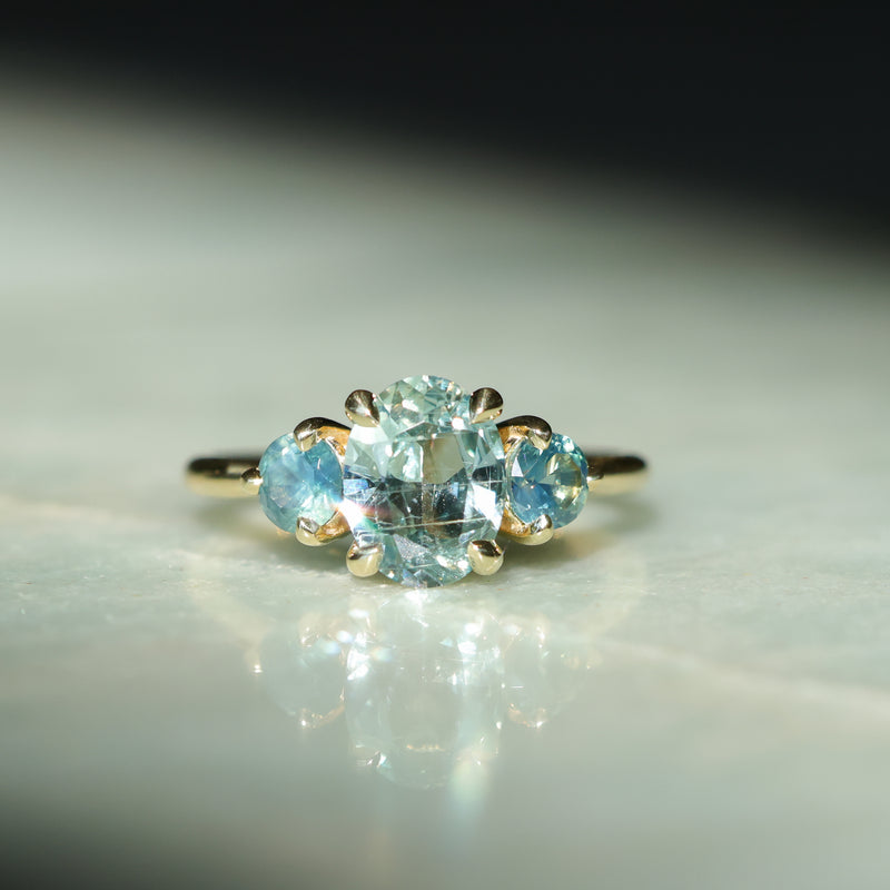 1.74ct Unheated Oval Montana Sapphire and Madagascar Sapphire Low Profile Three Stone Ring in 18k Yellow Gold