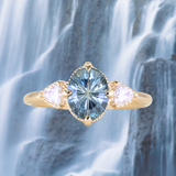 2.07ct Untreated Fantasy Cut Montana Sapphire and Diamond  Antique Milgrain Three Stone Low Profile Ring in 14k Yellow Gold