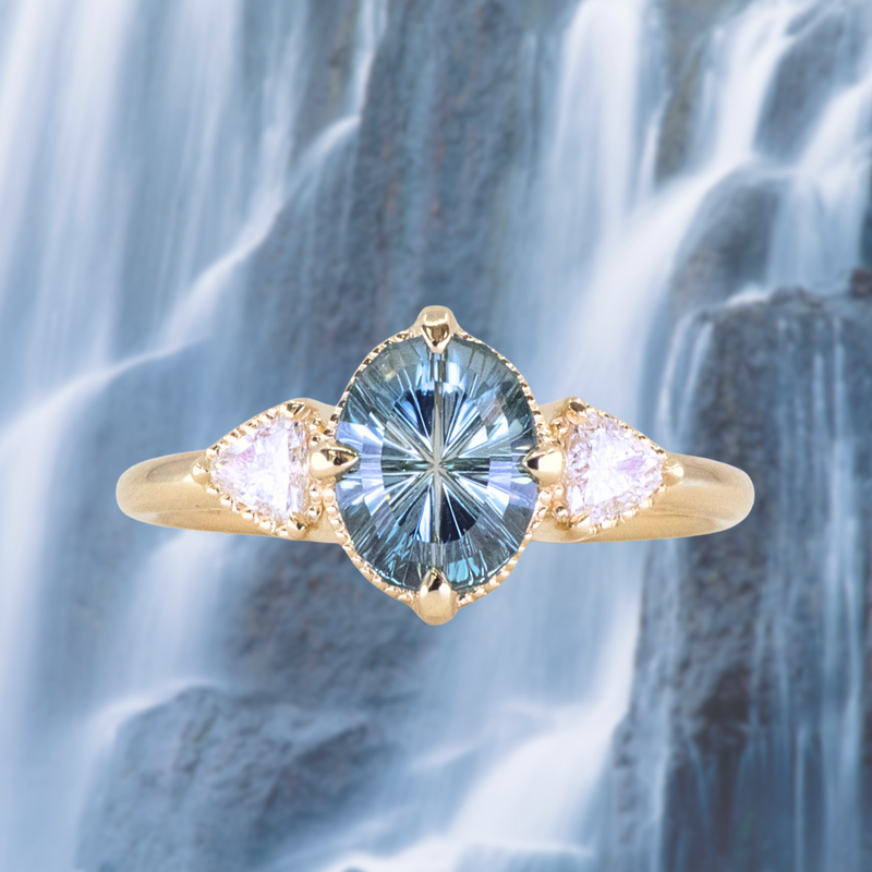 2.07ct Untreated Fantasy Cut Montana Sapphire and Diamond  Antique Milgrain Three Stone Low Profile Ring in 14k Yellow Gold