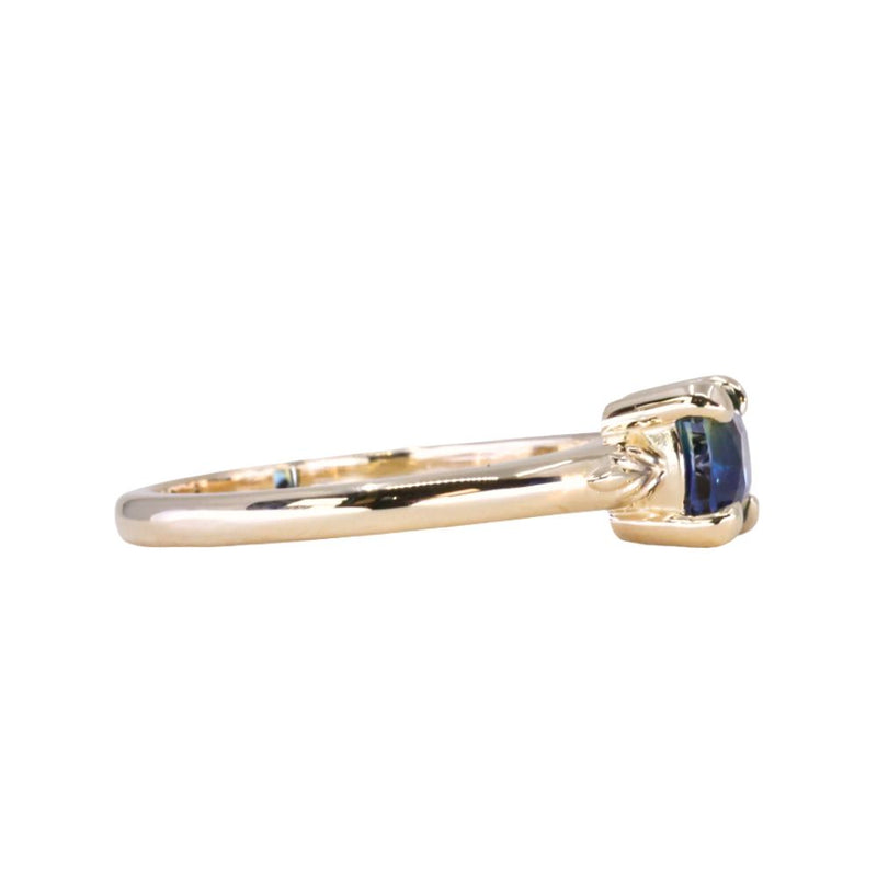 1.08ct Cushion Cut Parti Sapphire Low Profile Four Prong Spring Bloom Solitaire in 14k Yellow Gold
