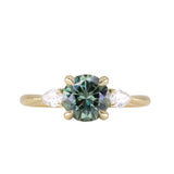 1.65ct Round Untreated Precision Cut Montana Sapphire and Natural Pear Diamond Three Stone Low Profile Ring in 18k Yellow Gold