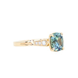 1.74ct Fancy Elongated Cushion Parti Teal Blue Montana Sapphire and Diamond Vintage Cathedral 4 Prong Solitaire in 14k Yellow