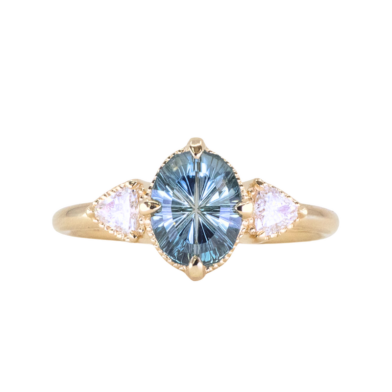 2.07ct Untreated Fantasy Cut Montana Sapphire and Diamond  Antique Milgrain Three Stone Low Profile Ring in 14k Yellow Gold