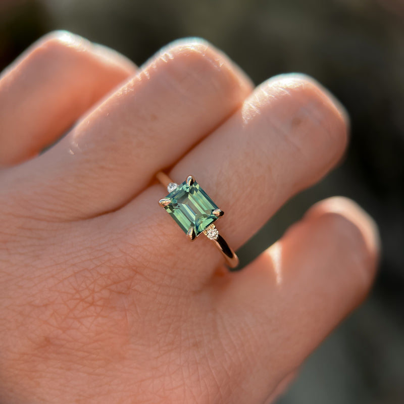 1.85ct Emerald Cut Teal Sapphire and Diamond Low Profile East-West Ring in 14k Yellow Gold