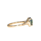 3.22ct Teal Oval Madagascar Sapphire and Diamond Vintage Cathedral Four Prong Ring in 14k Yellow Gold