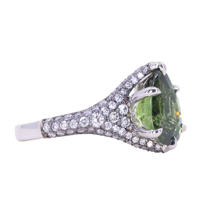 3.93ct Green Australian Pear Sapphire Diamond-Studded Tapered Solitaire in 14k Blackened Gold