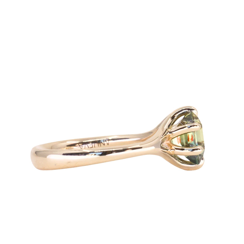 2.07ct Radiant Cut Untreated Tanzanian Sapphire Low Profile Six Prong Split Shank Solitaire in 14k Yellow Gold