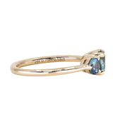 0.75ct Round Unheated Teal Blue Color Shifting Montana Sapphire and Montana Sapphire Side Three Stone Ring in 14k Yellow Gold
