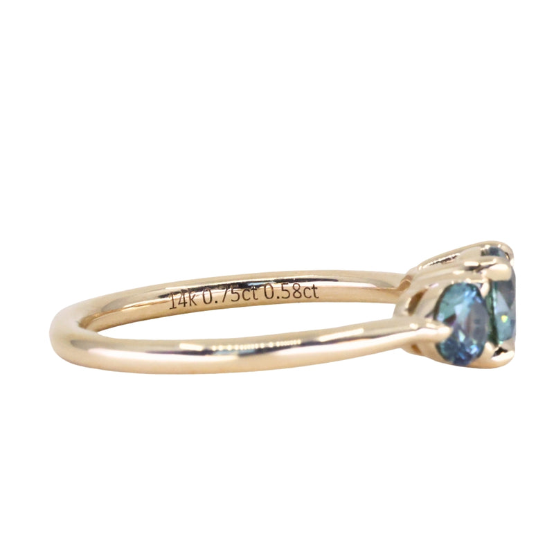0.75ct Round Unheated Teal Blue Color Shifting Montana Sapphire and Montana Sapphire Side Three Stone Ring in 14k Yellow Gold