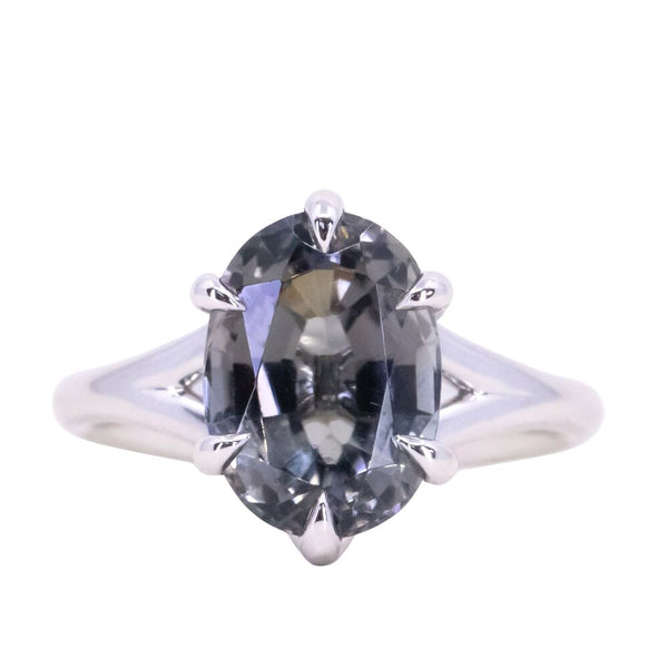 4.02ct Smoky Grey Tourmaline Oval Six Prong Split Shank Solitaire in 14k White Gold