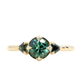 0.98ct Songean Deep Teal Green Sapphire and Trillion Parti Sapphire Low Profile Ring in 14k Yellow Gold