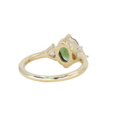 1.70ct Green Kenyan Fantasy Cut Sapphire and Diamond Antique Milgrain Three Stone Low Profile Ring in 18k Yellow Gold