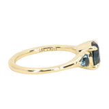 1.82ct Round Teal Precision Cut Montana Sapphire and Trillion Sapphire Low Profile Three Stone Ring in 18k Yellow Gold