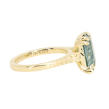 4.25ct Antique Style Elongated Cushion Untreated Montana Sapphire Vine Cathedral Four Prong Ring in 18k Yellow Gold