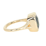 4.09ct Elongated Cushion Cut Teal Sapphire Low Profile Split Shank Bezel Ring in 14k Yellow Gold- Appraised Stone